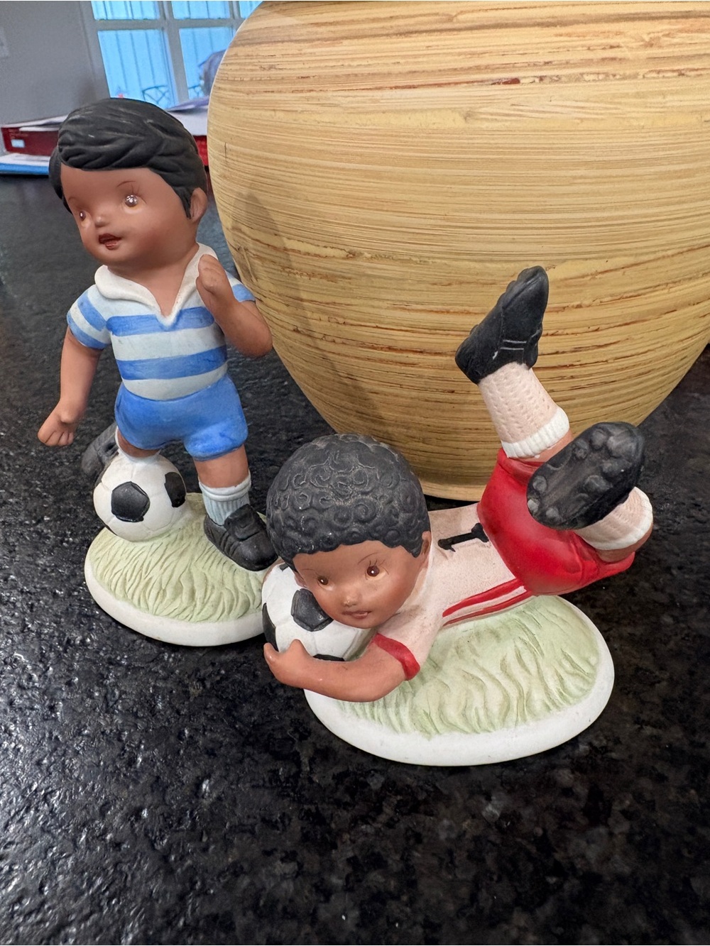 Homco Ceramic Soccer Player Figurines in Blue, Red, White and Black